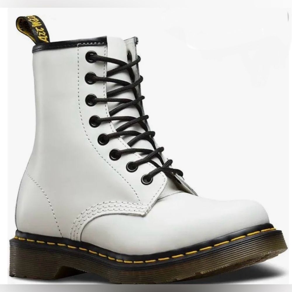 Dr. Martens White Leather 8-Eye Lace-Up Combat Boots with purple laces.
